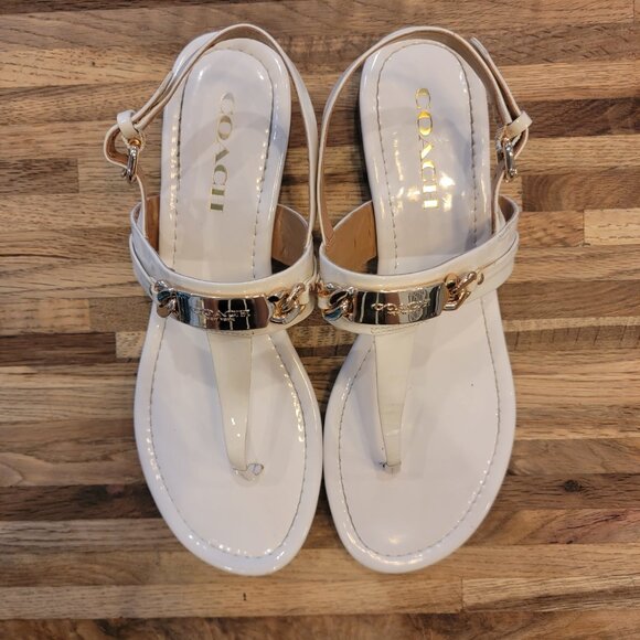 Coach Chalk Caterine Logo Hardware Flat Post Thong Toe Buckle Sandals - Picture 3 of 10